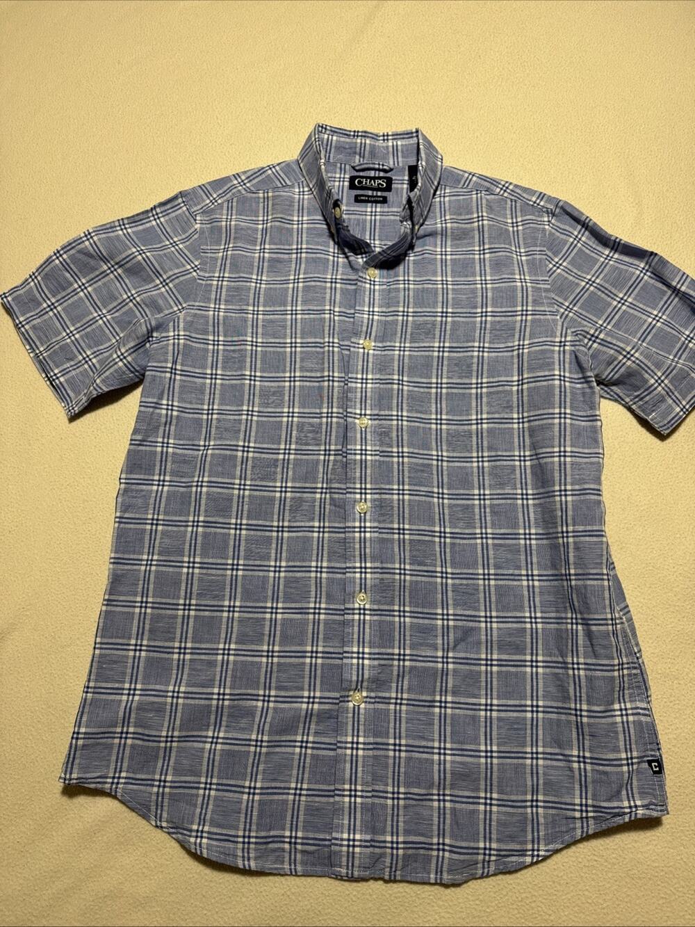Chaps Men's Blue White Plaid Linen Blend Short Sleeve Button Down Size M Casual